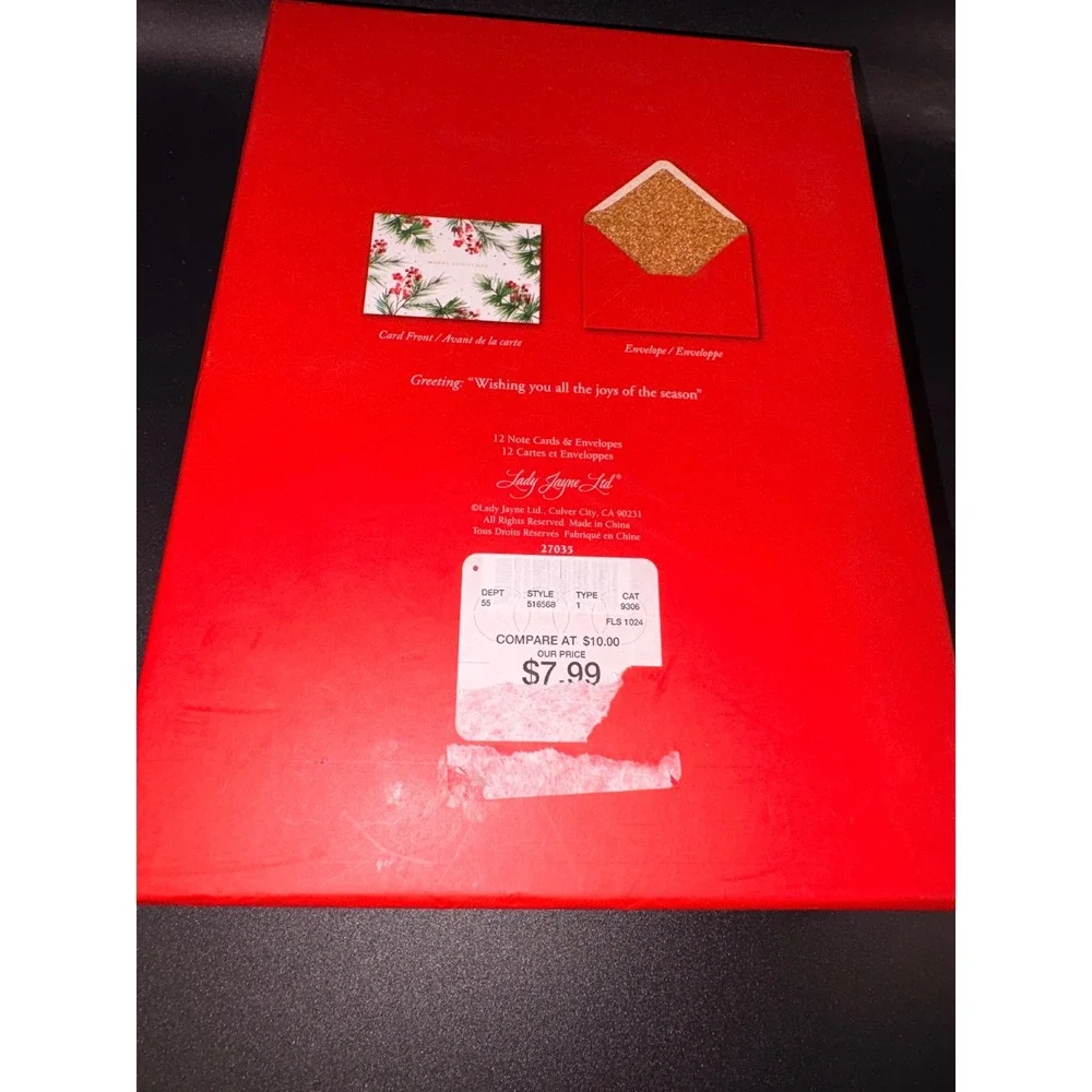 Lady‎ Jayne Christmas Cards Boxed Set 12 Count Pine Berry Gold Glitter Envelopes